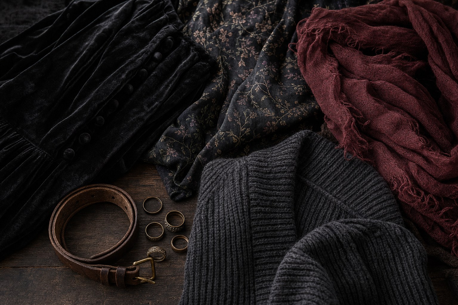 Black velvet, botanical fabric, charcoal knit, oxblood scarf, leather belt, and brass rings arranged on dark wood