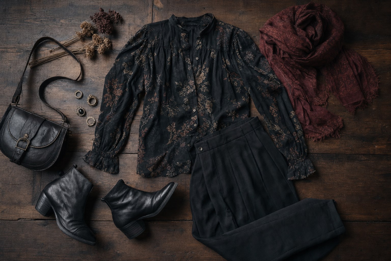 Black botanical blouse, oxblood scarf, black trousers, boots, leather bag, and rings arranged on dark wood