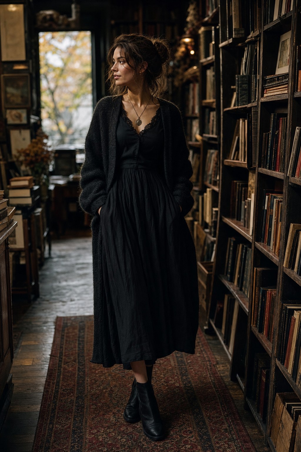 Person in a black dress and textured cardigan standing in a vintage bookstore