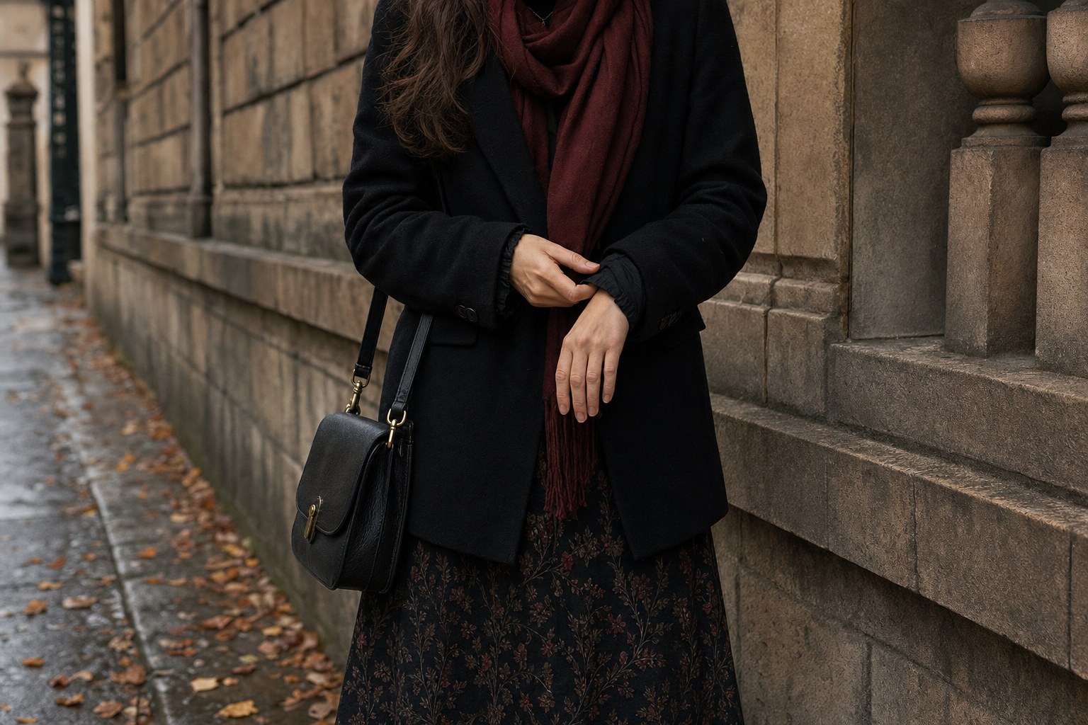 Black tailored coat, oxblood scarf, botanical skirt, and leather bag on a city walk