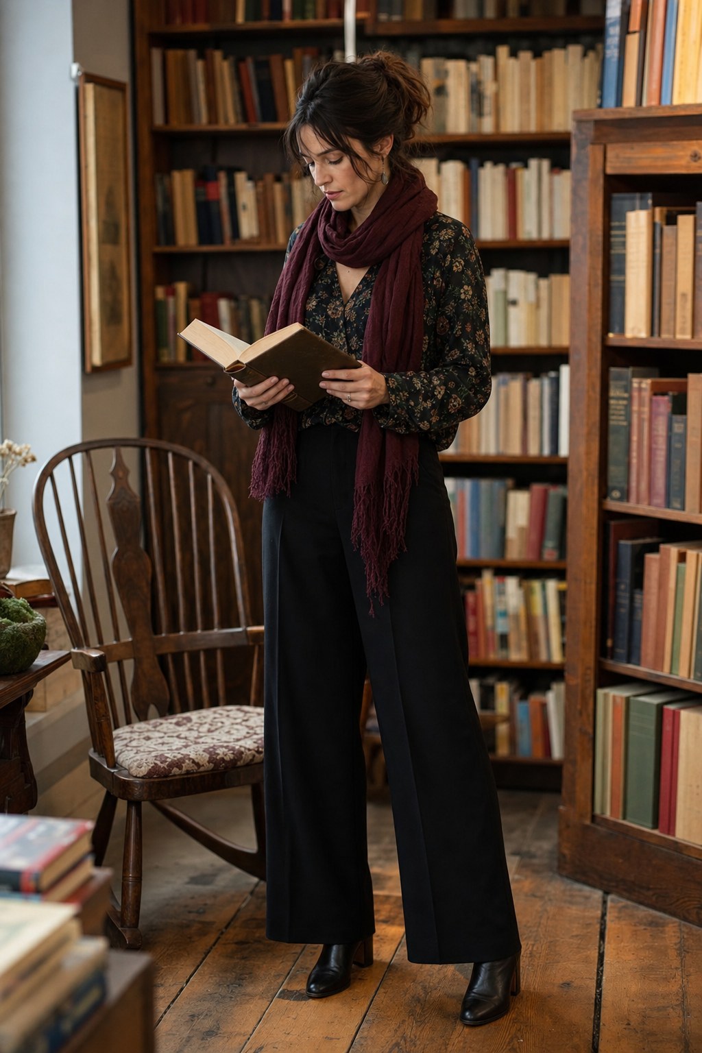 Person in a botanical blouse, dark trousers, and oxblood scarf reading in a bookstore