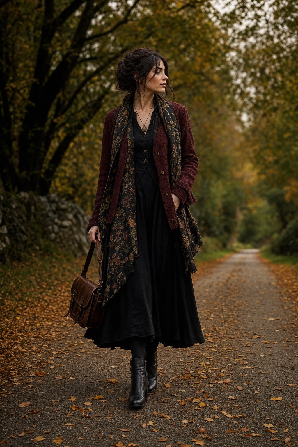 Person wearing a black dress, oxblood cardigan, botanical scarf, and ankle boots on an autumn path