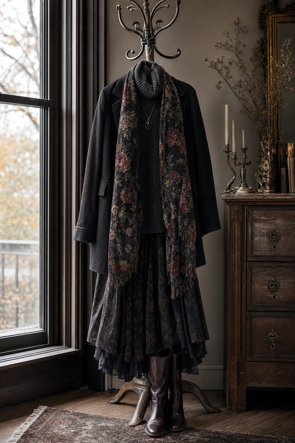 Black coat, floral scarf, knit, skirt, and boots layered on a coat rack