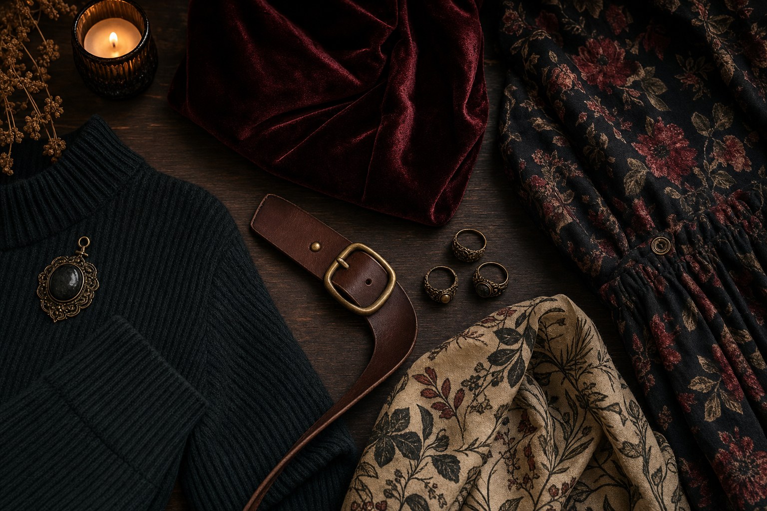 Velvet, knit, floral fabric, leather belt, and antique-style rings on dark wood