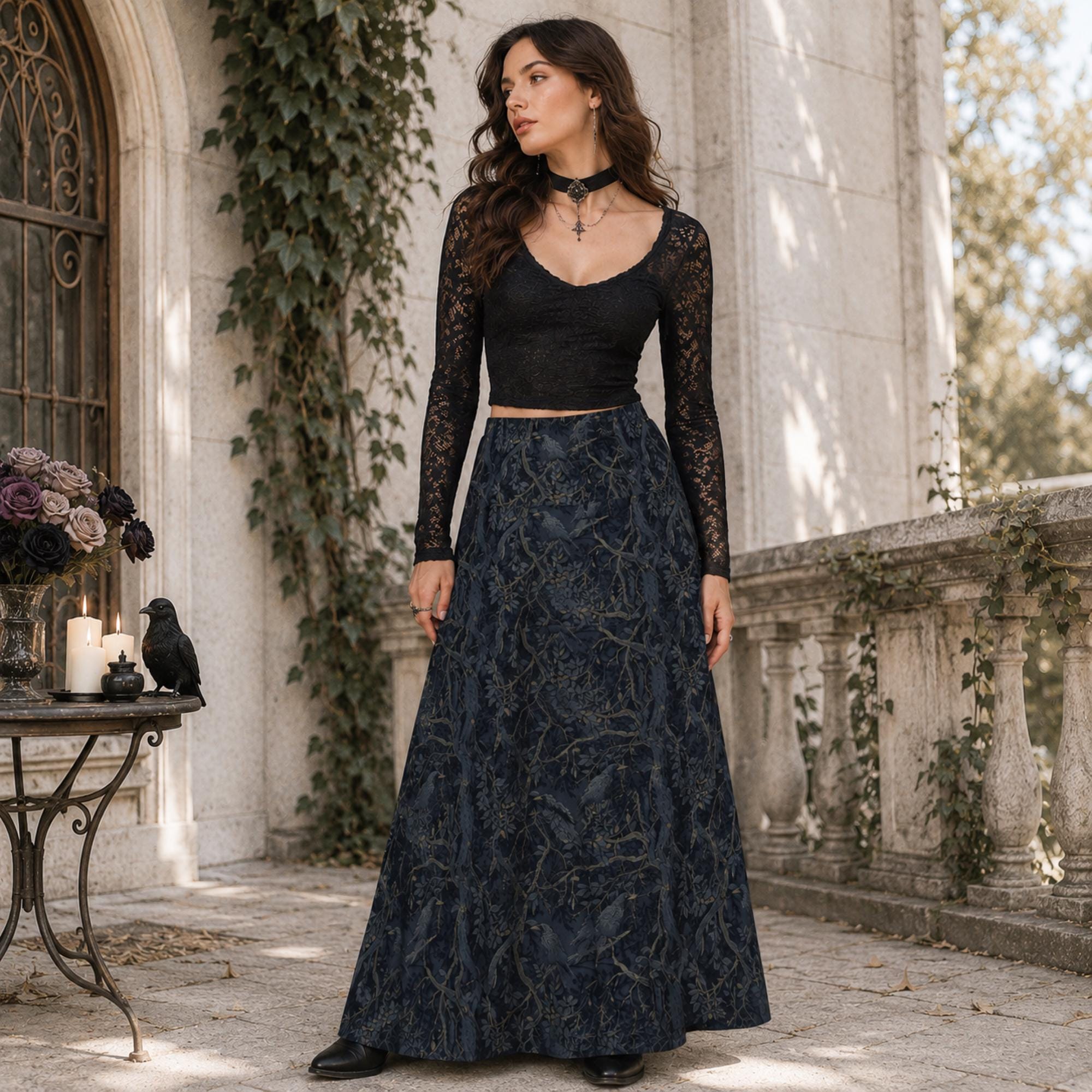 Dark pleated skirt with a William Morris inspired crow pattern