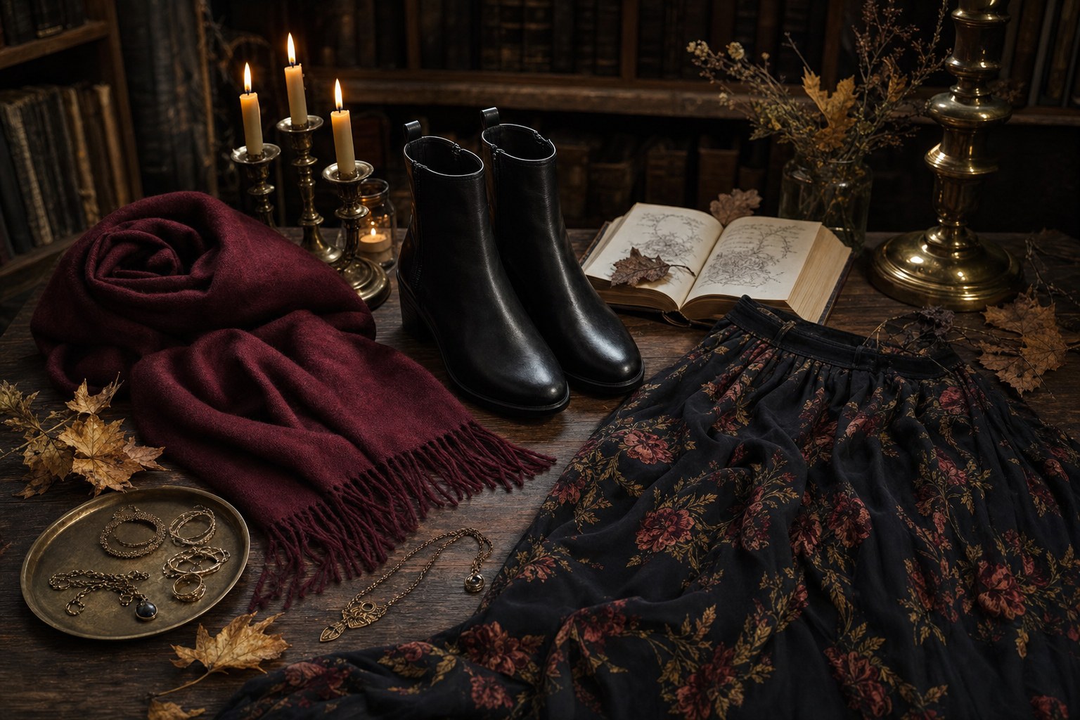 Oxblood scarf, black boots, floral skirt, and brass jewelry arranged on a dark wood table