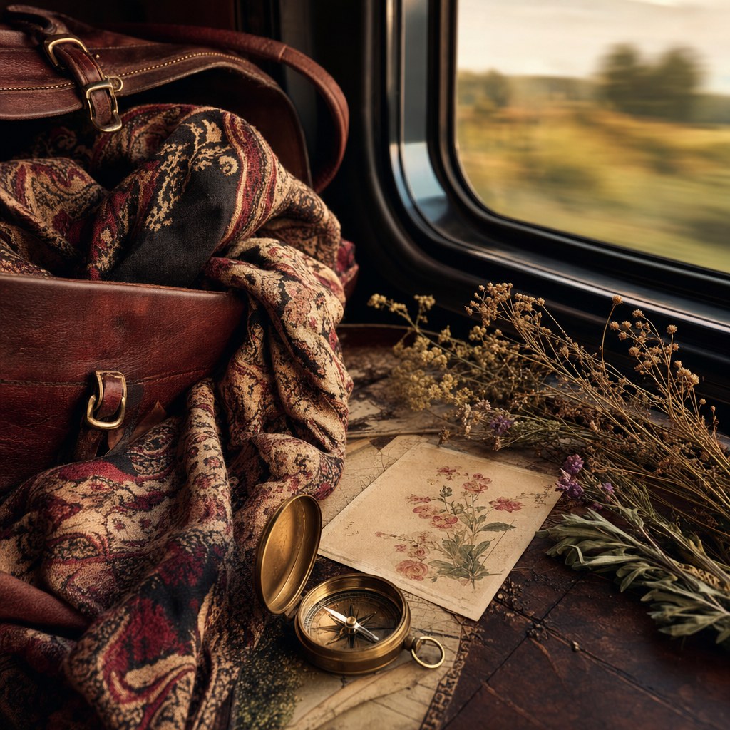 Patterned scarf and travel bag beside a train window