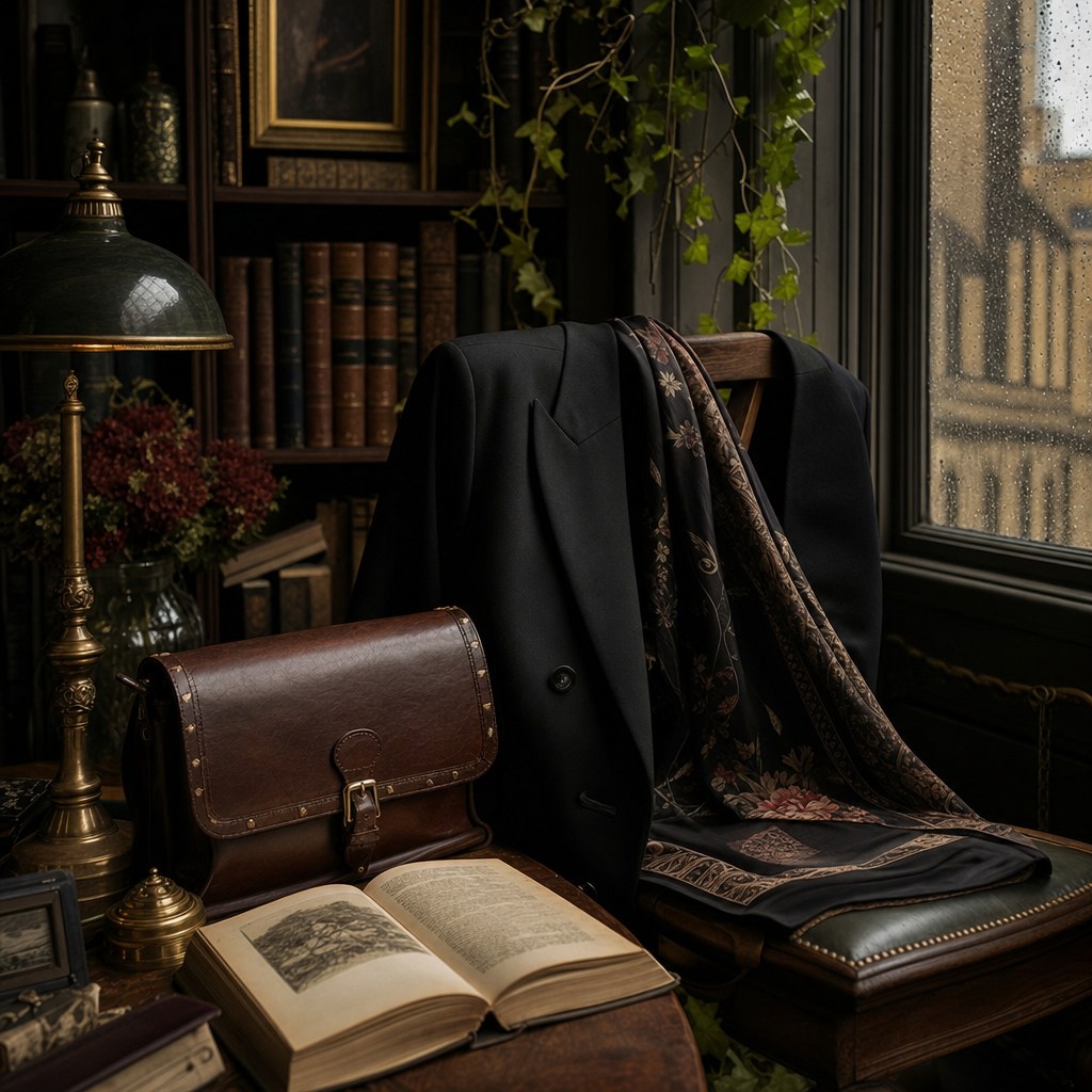 Tailored black layer, leather bag and books in a dark academia study
