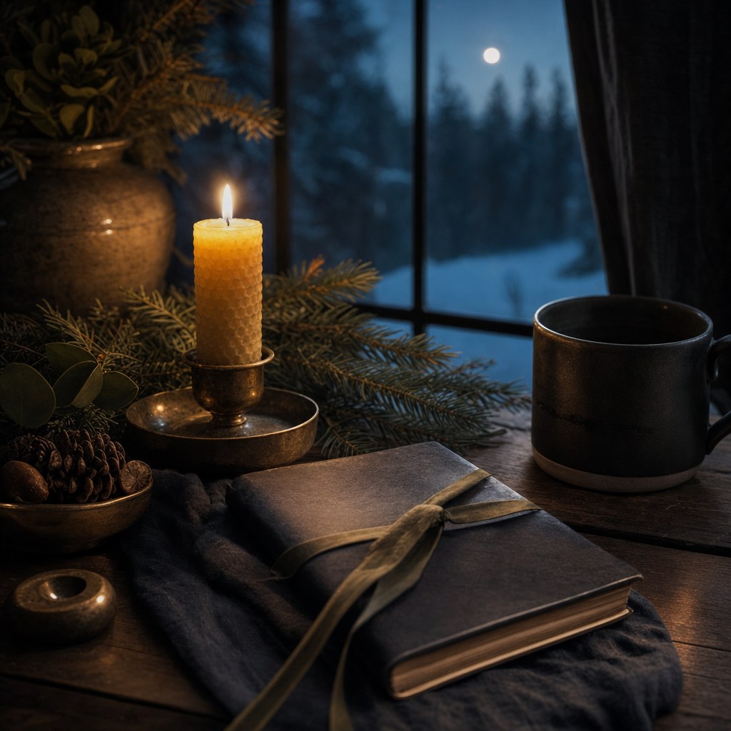Winter candle, evergreen branches and a journal beside a moonlit window