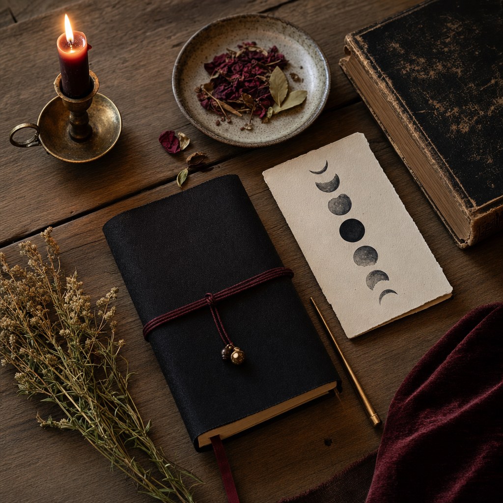 Journal, candle, herbs and moon phases arranged on a wooden table