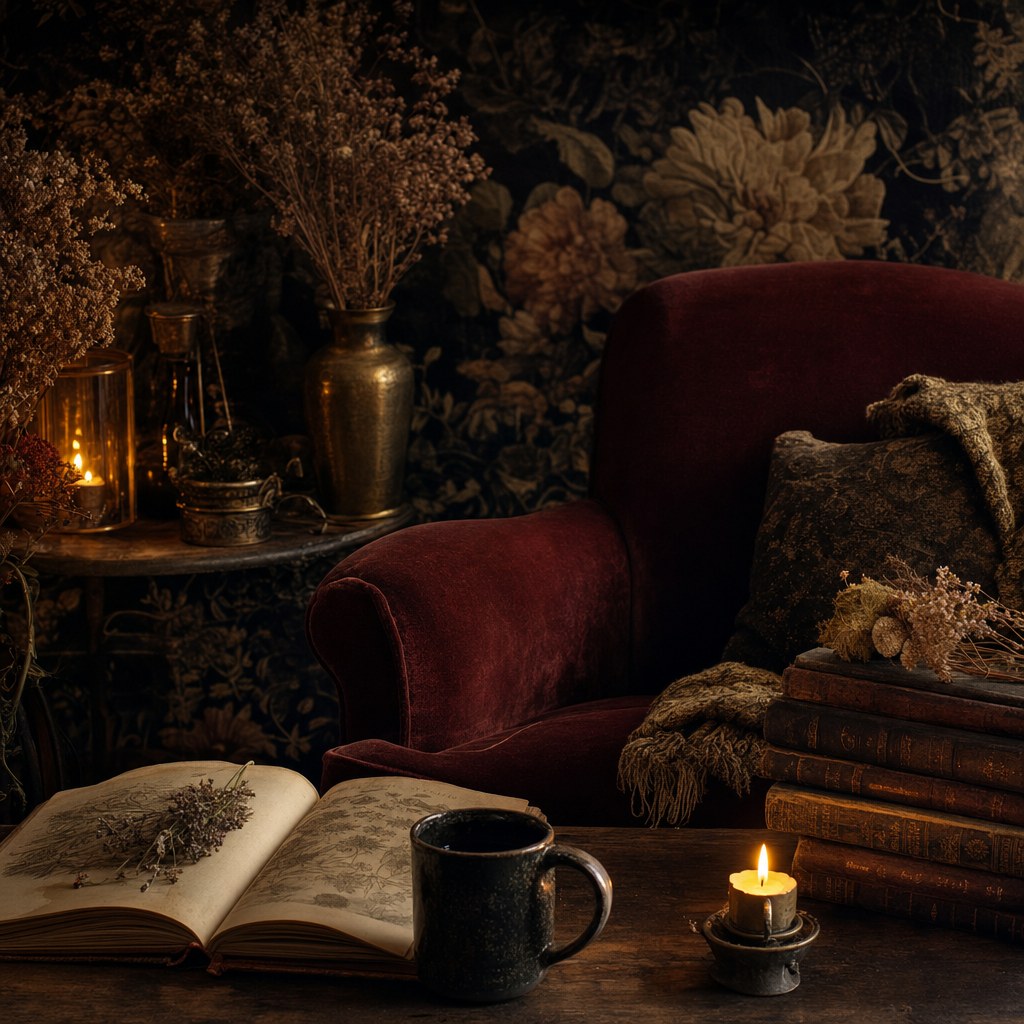 Candlelit reading nook with flowers and old books