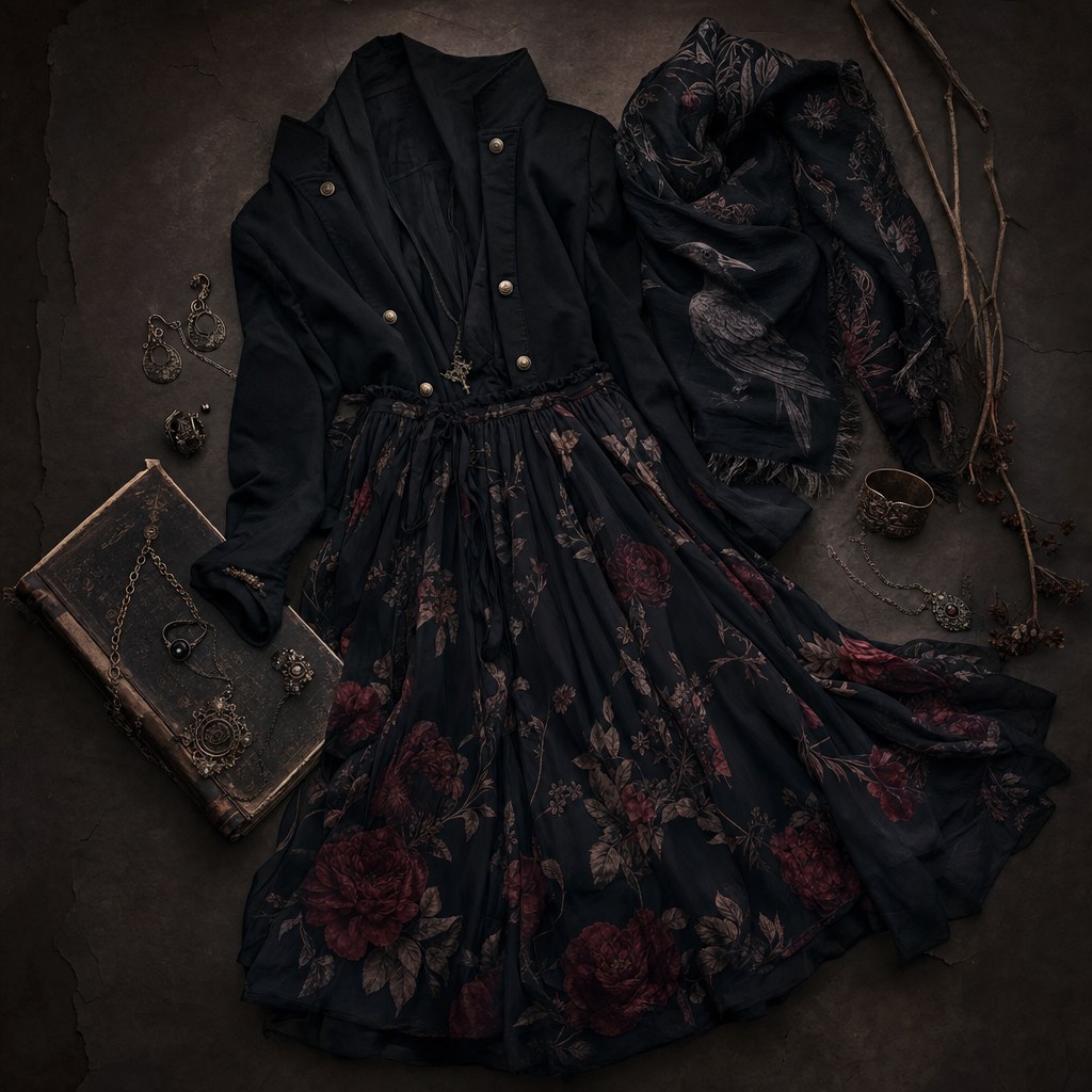 Dark floral skirt and layered accessories arranged for a witchy wardrobe