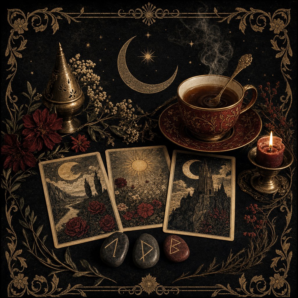An ornate divination altar with Tarot cards, rune stones, a steaming cup, a candle, and a crescent moon
