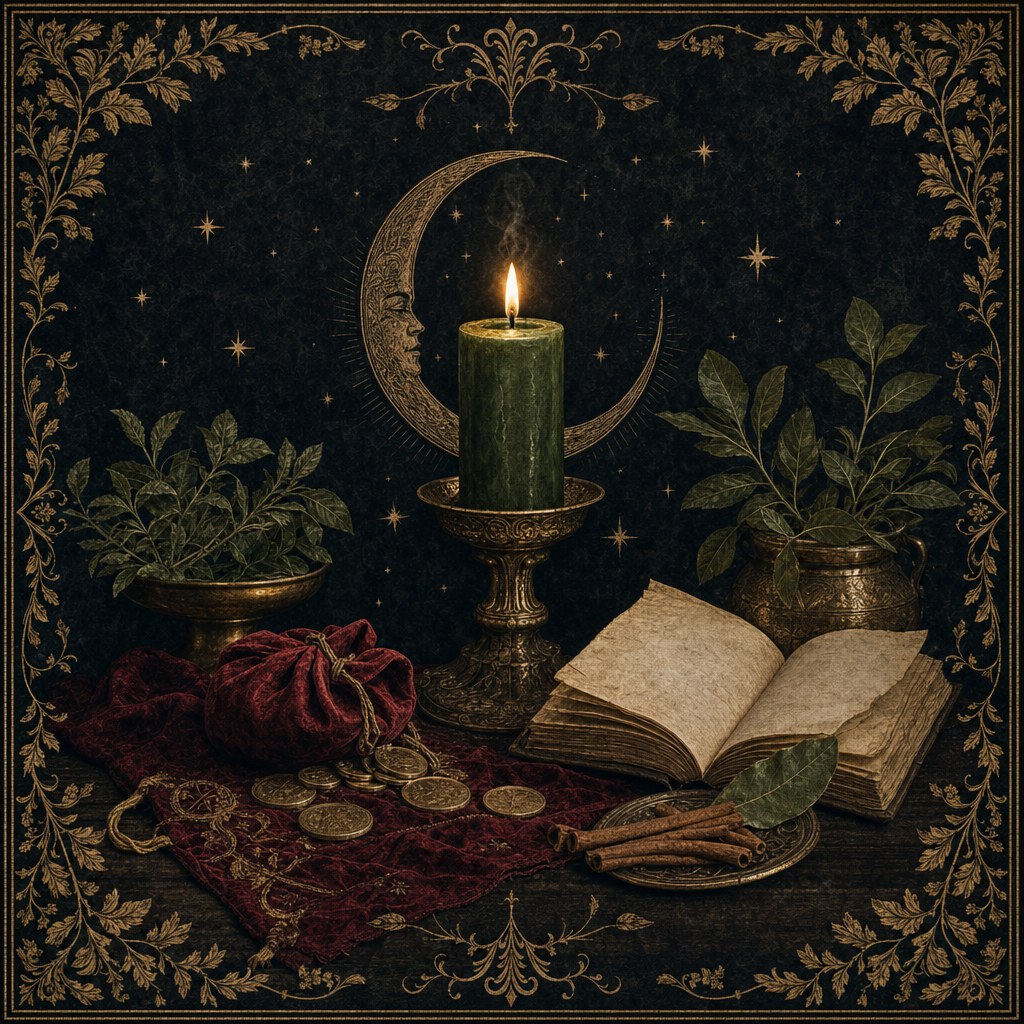 An ornate prosperity altar with a green candle, coins, bay leaves, cinnamon, and an open ledger