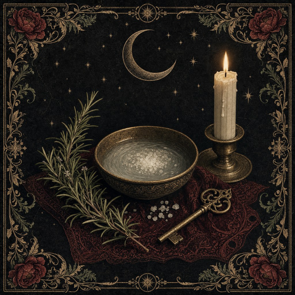 An ornate protection altar with a bowl of salt water, rosemary, a candle, and a key