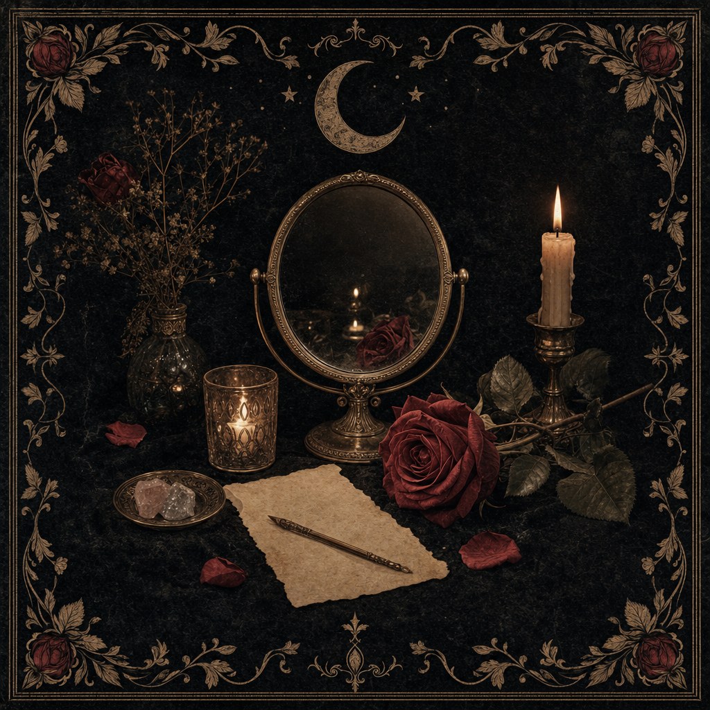 An ornate self-love altar with a mirror, red roses, a candle, and a crescent moon