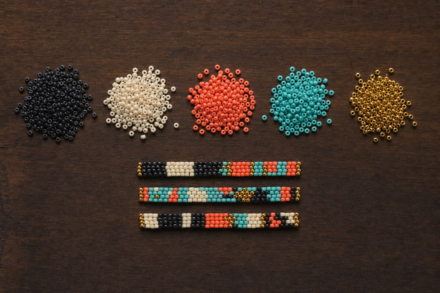 Five seed bead colors and three small beadwork color tests