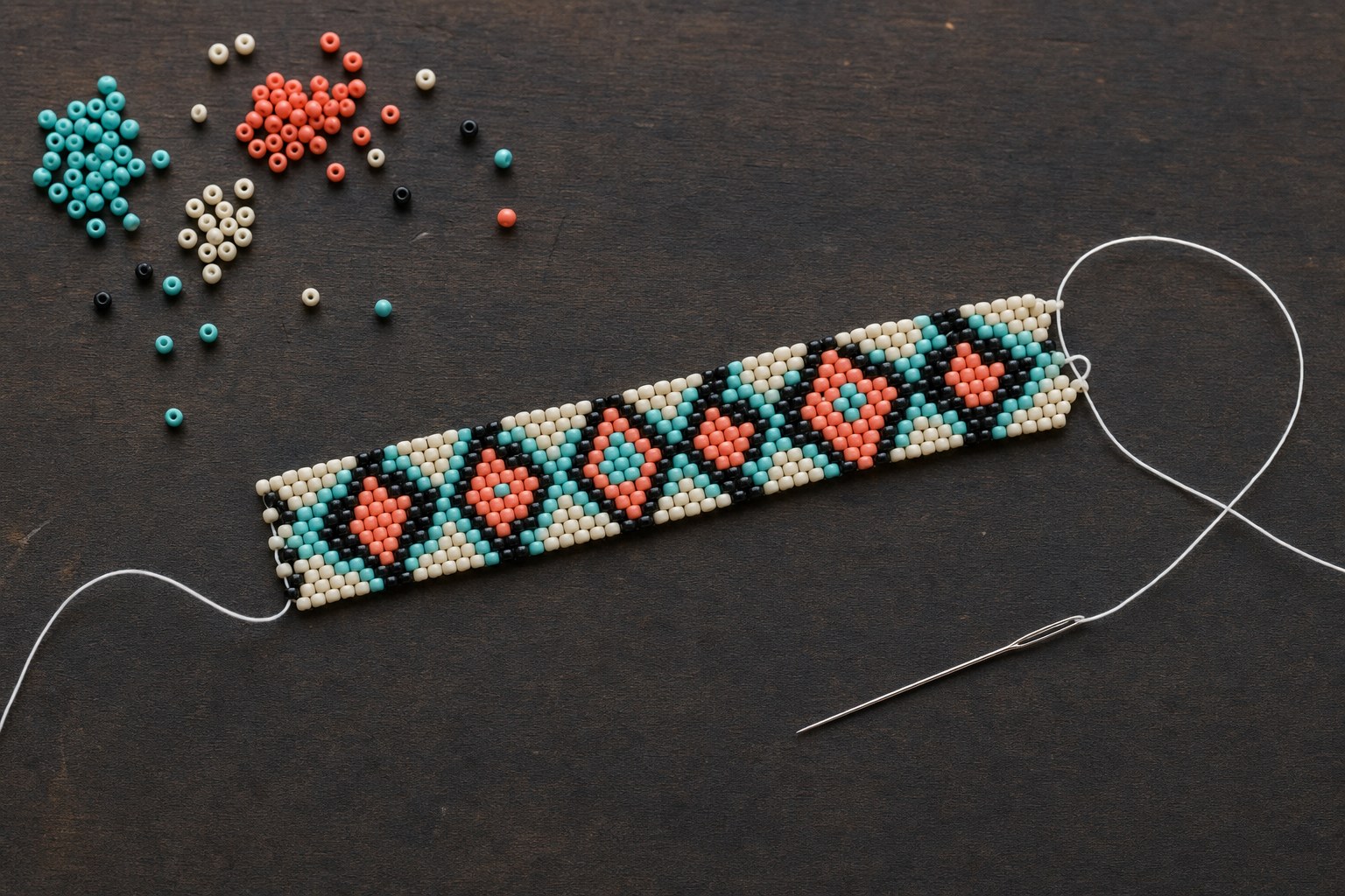 A small flat strip of seed bead weaving with needle and thread