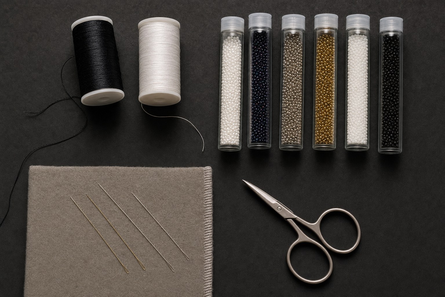 Beading thread, seed beads, needles, scissors, and a bead mat