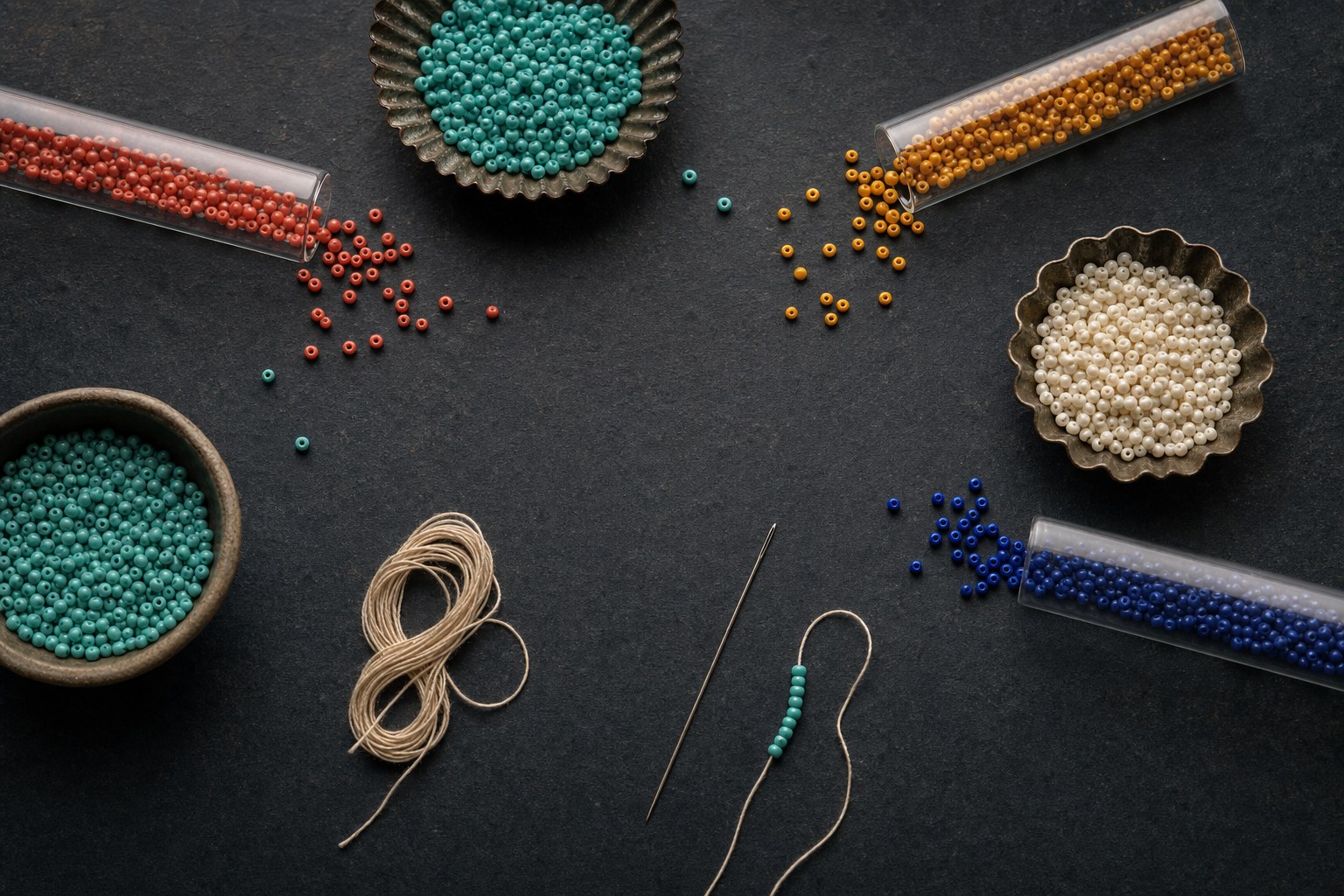 Seed beads, beading thread, and a needle arranged on a dark work surface