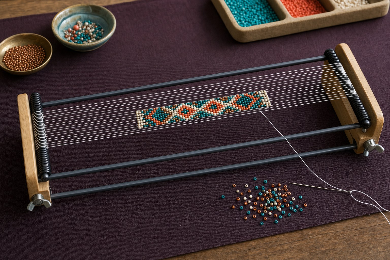 A tabletop bead loom with a geometric seed bead bracelet strip in progress