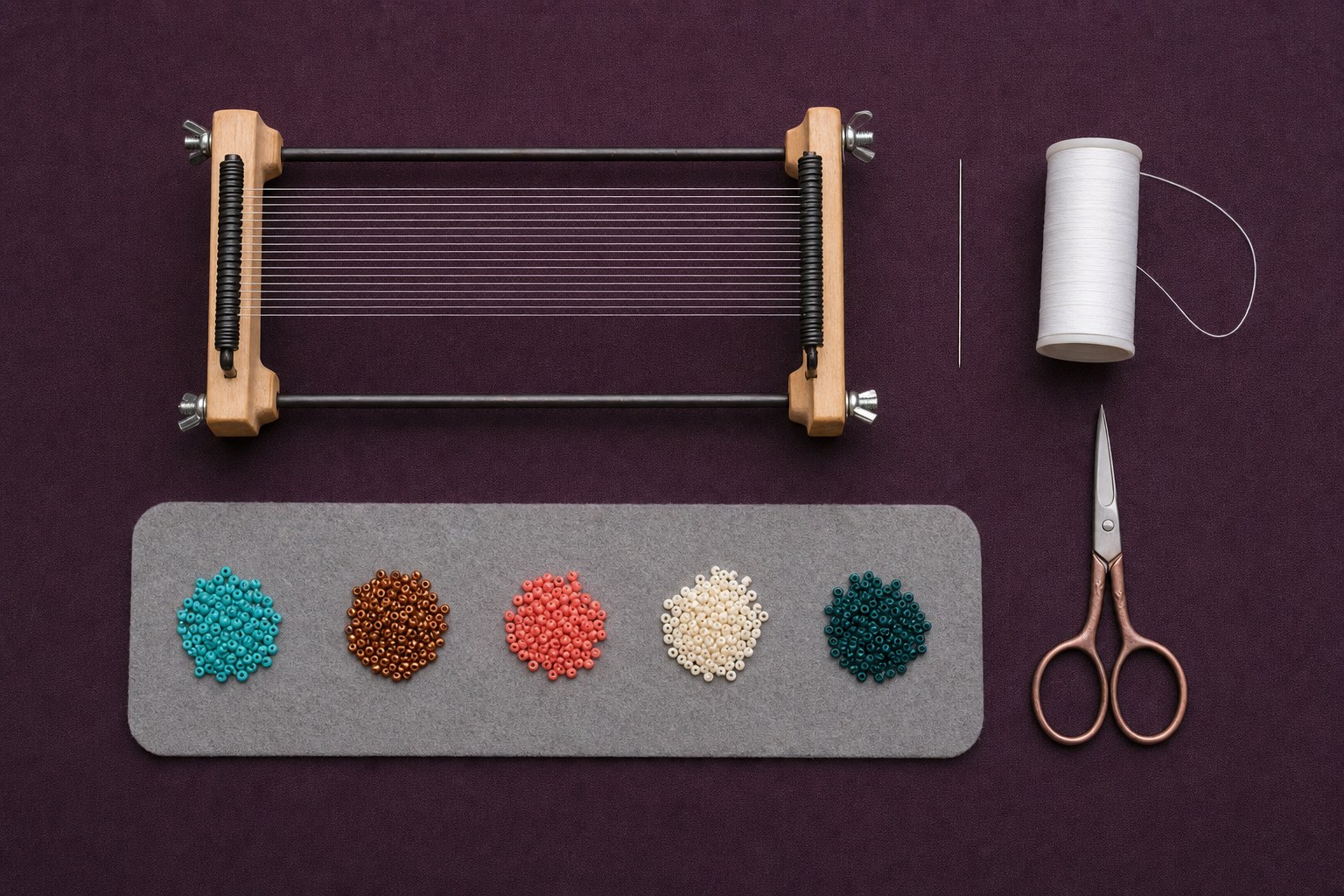 A bead loom, needle, thread, scissors, bead mat, and five groups of seed beads