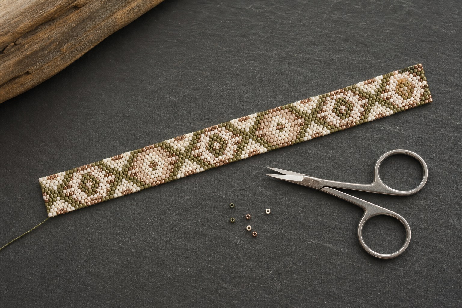 Finished narrow peyote stitch bracelet strip with scissors and seed beads