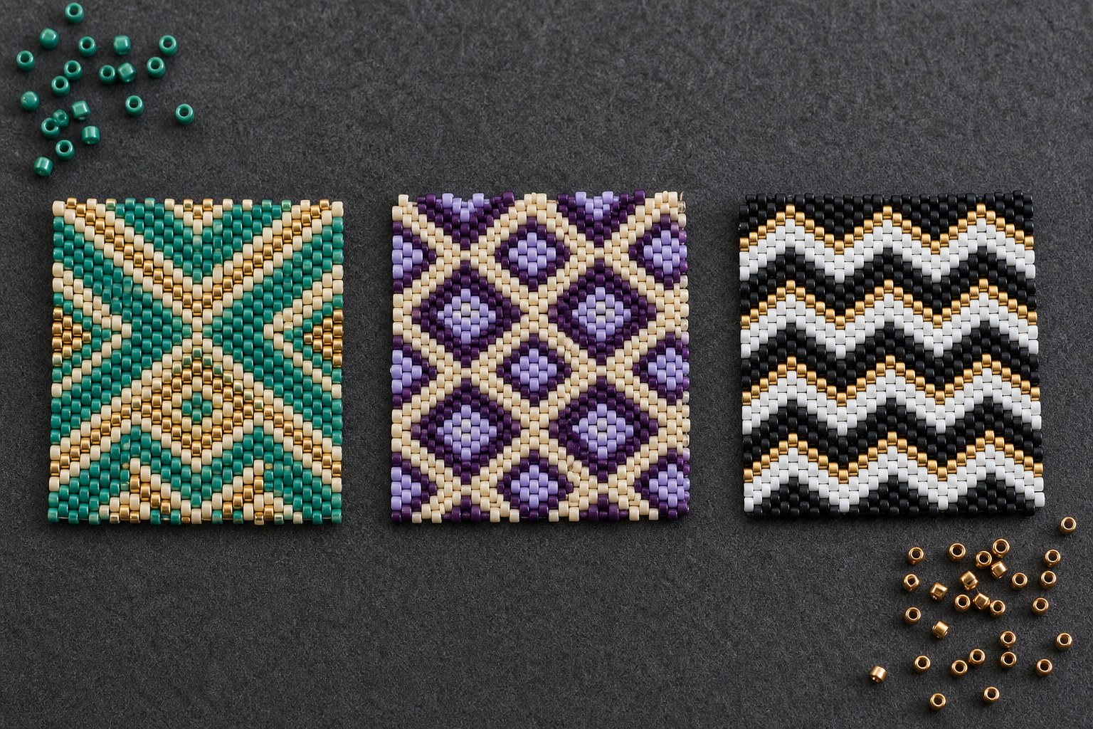 Three small peyote stitch pattern swatches in different color combinations