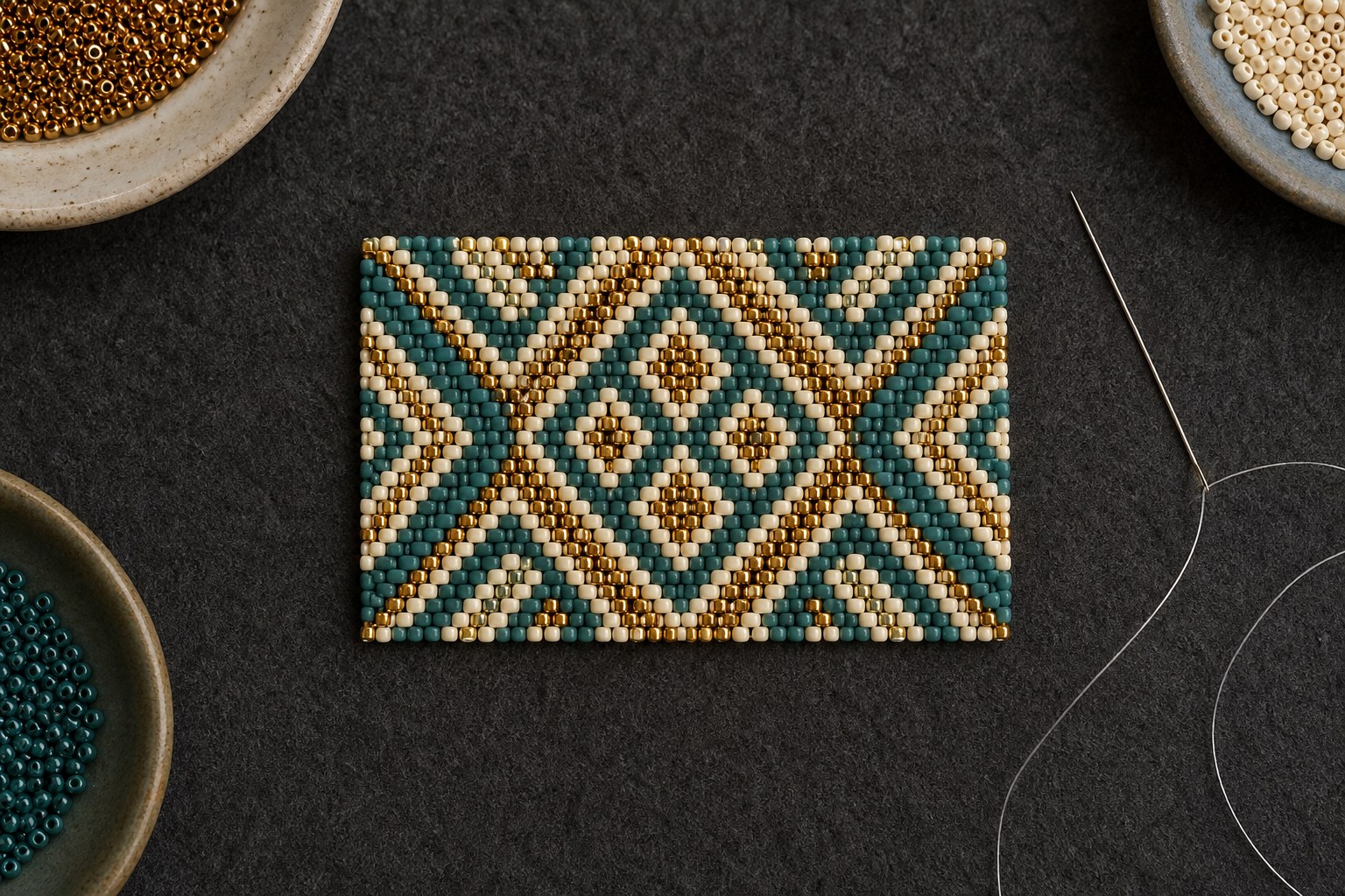 Finished geometric peyote stitch swatch with a needle and seed beads