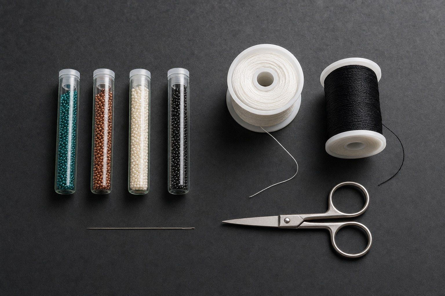 Seed beads, white and black beading thread, a needle, and scissors arranged on a dark bead mat