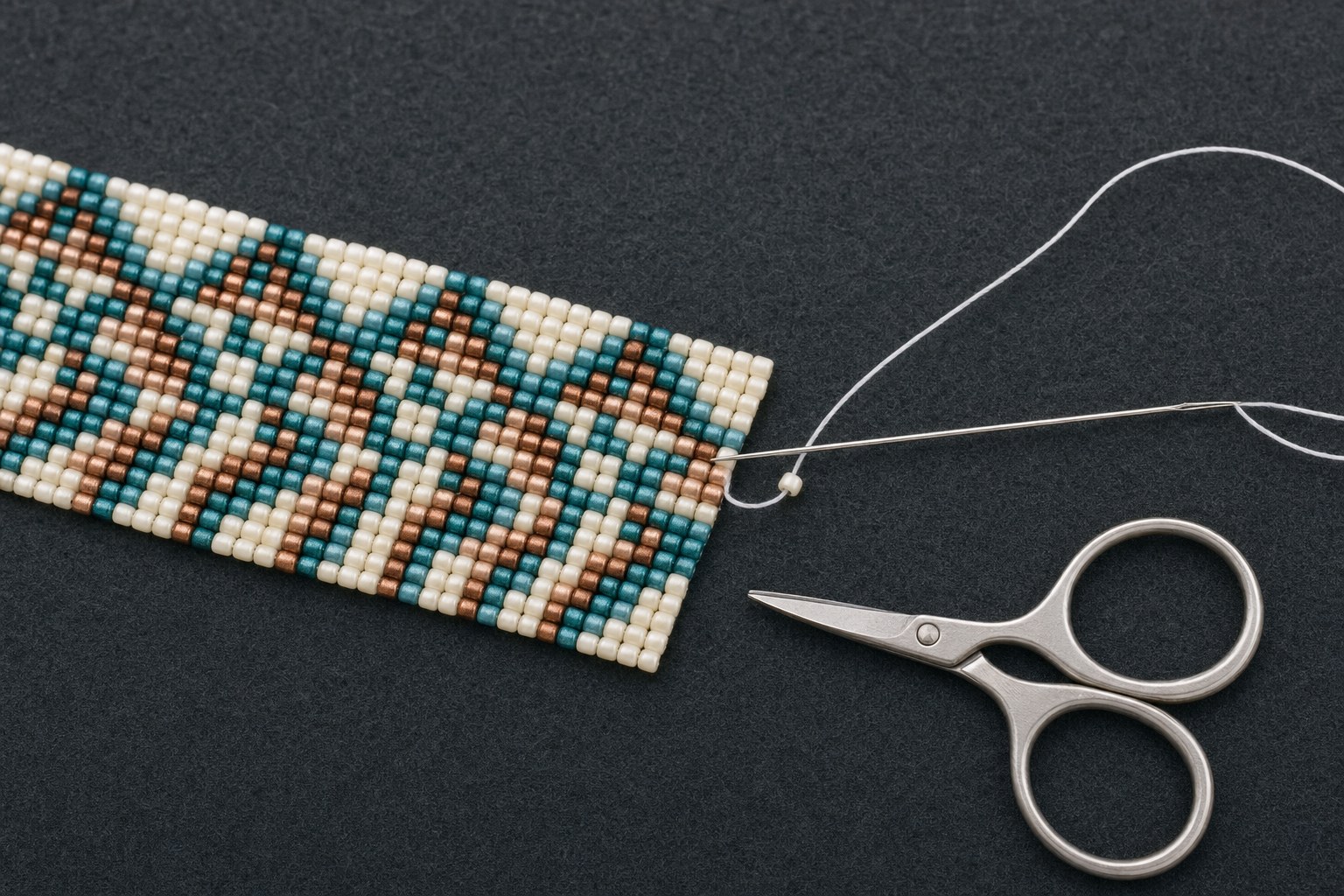 A beading needle weaving a white thread tail into the finished edge of a teal, copper, and ivory beadwork swatch