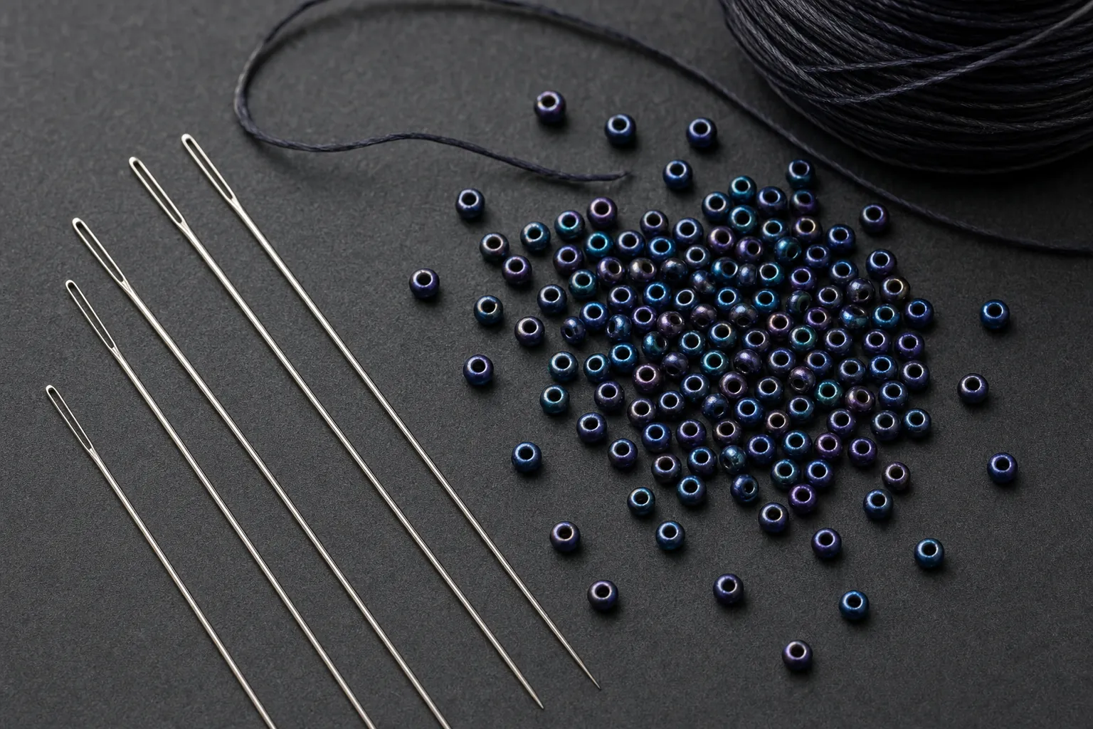 Fine beading needles arranged for detailed seed bead work