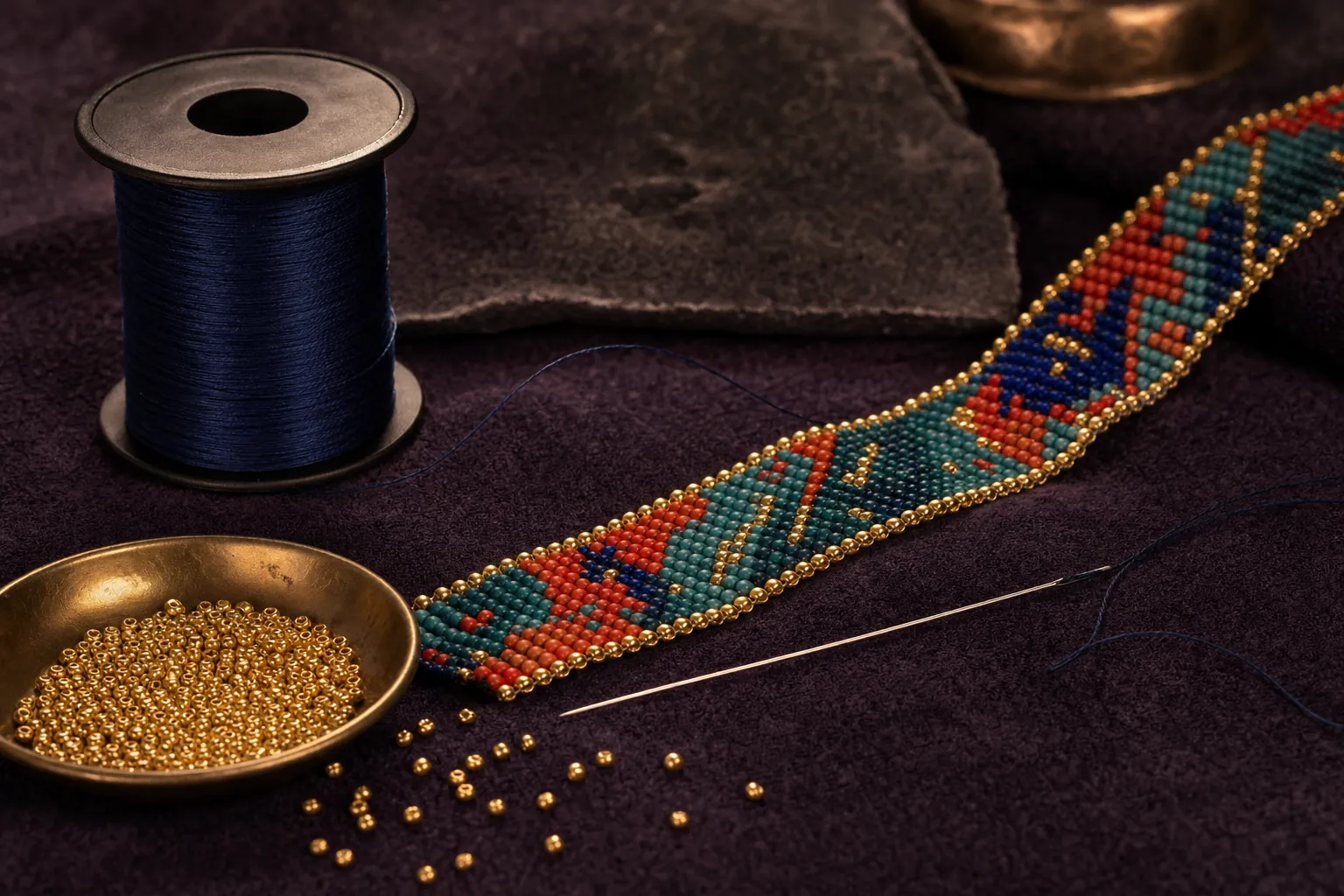 Beading thread, a needle, seed beads and a partially woven beadwork strip