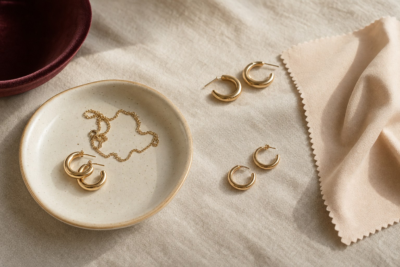 Gold-toned earrings and a delicate chain beside a soft jewelry cloth