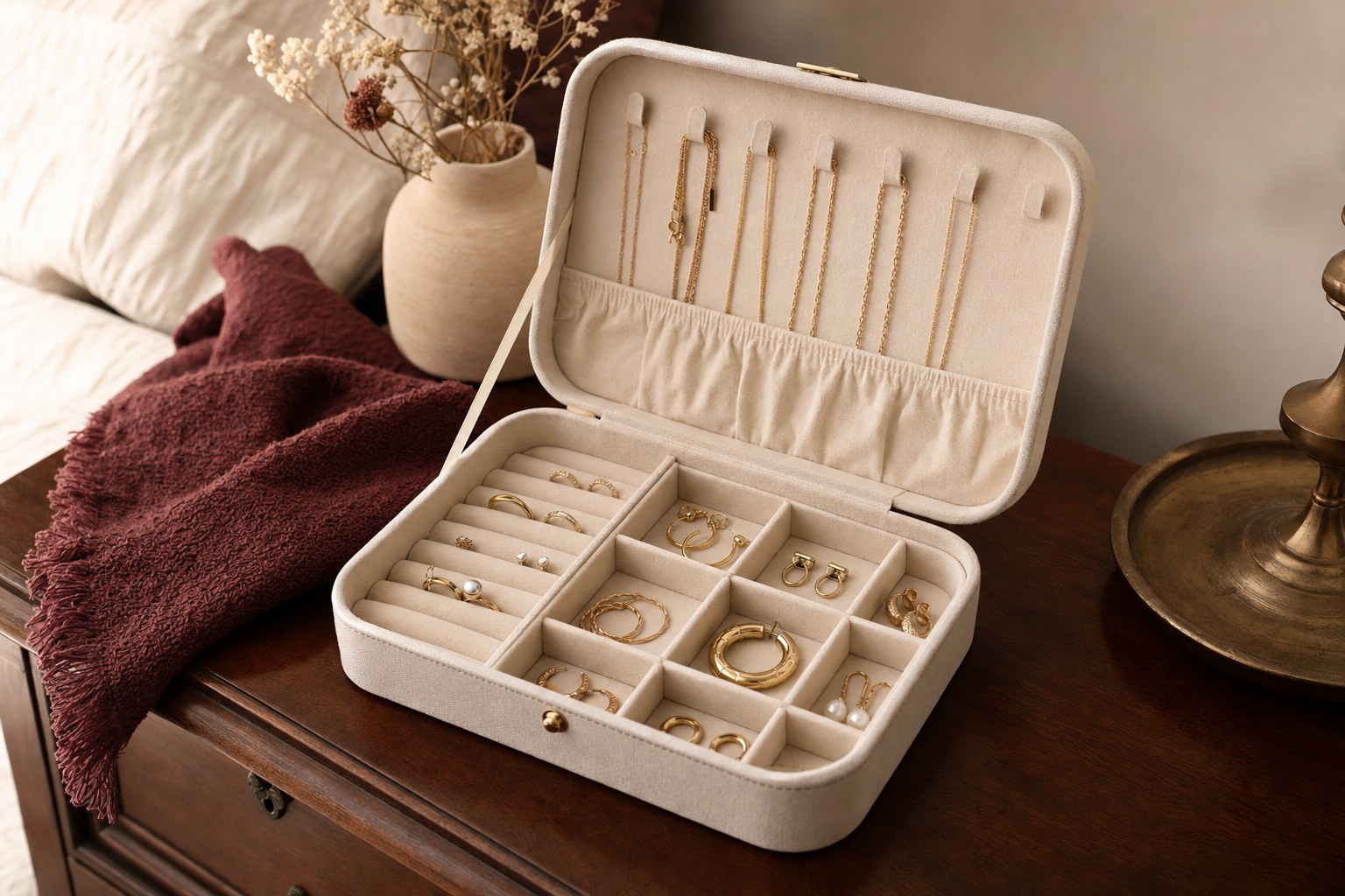 Gold-tone necklaces and earrings stored separately in a soft-lined jewelry box