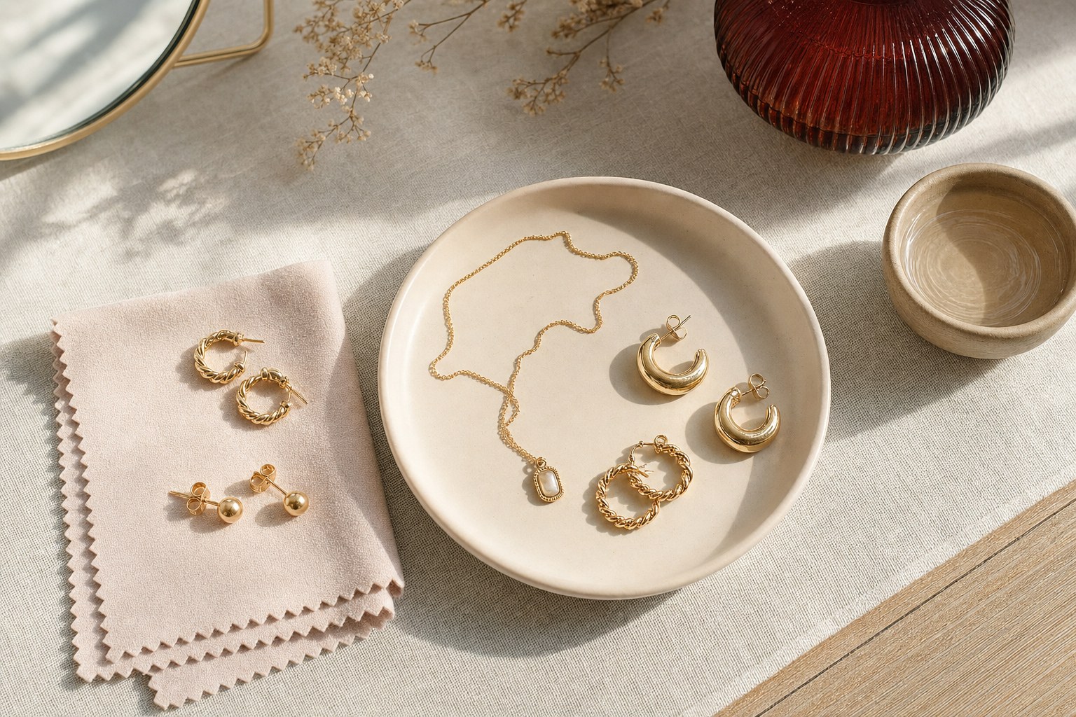 Gold-tone earrings and a delicate necklace arranged with a soft cloth for gentle at-home jewelry care