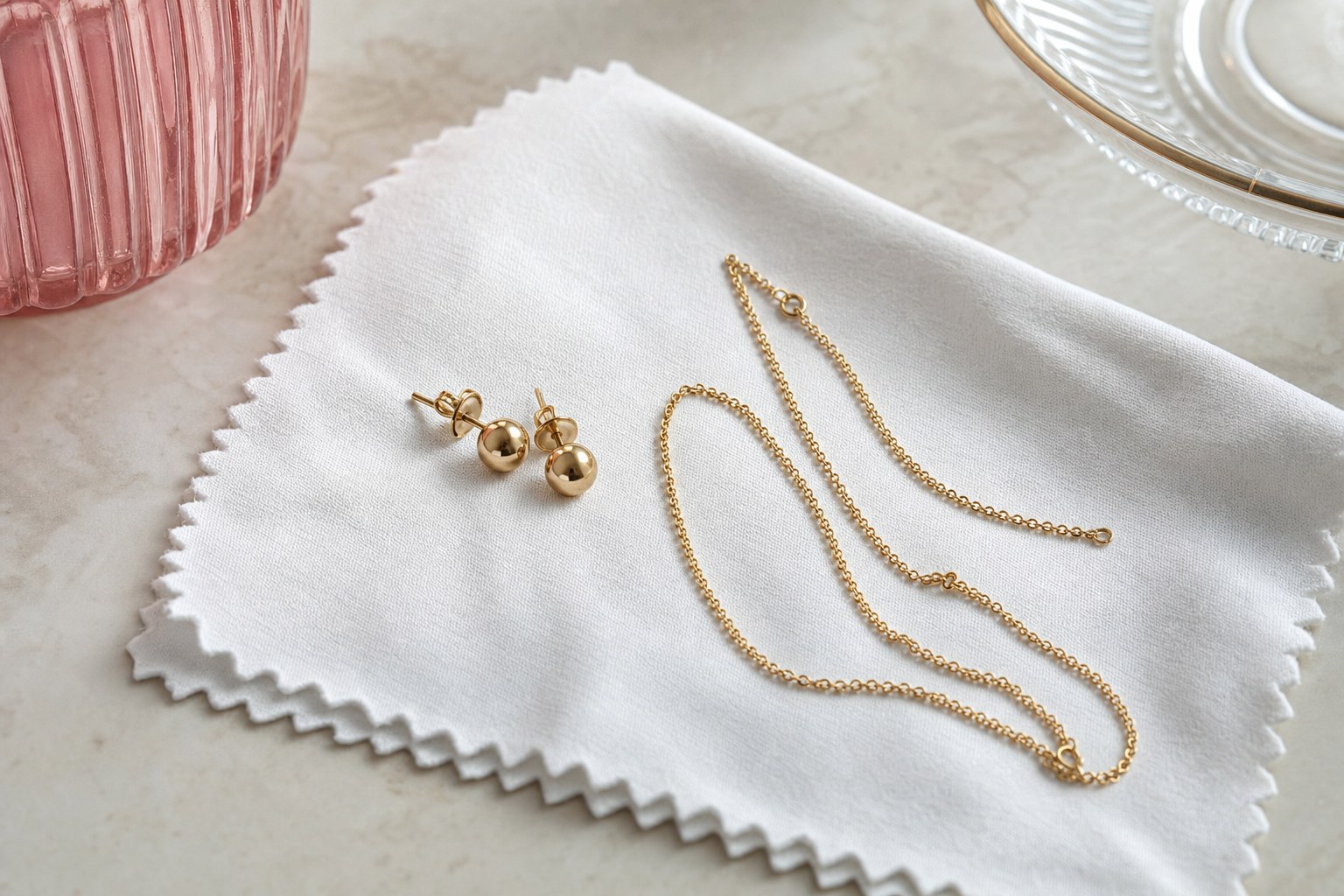 Gold-tone stud earrings and a delicate necklace resting on a clean microfiber cloth