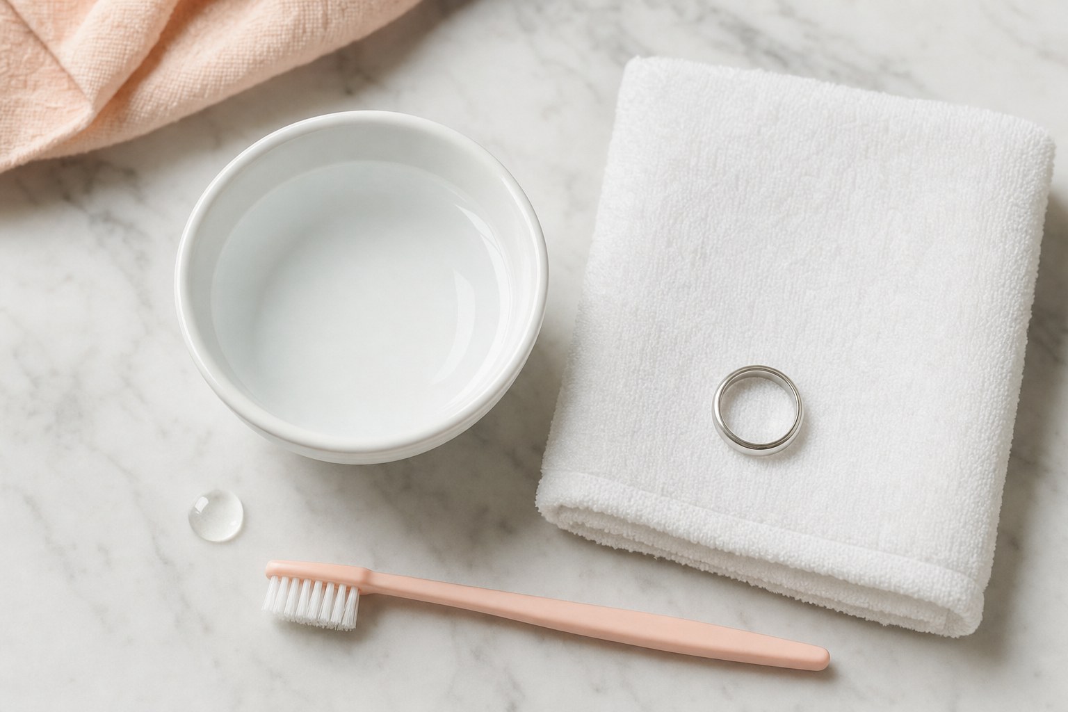 A small bowl of water, a soft toothbrush, and a silver-tone ring on a folded towel