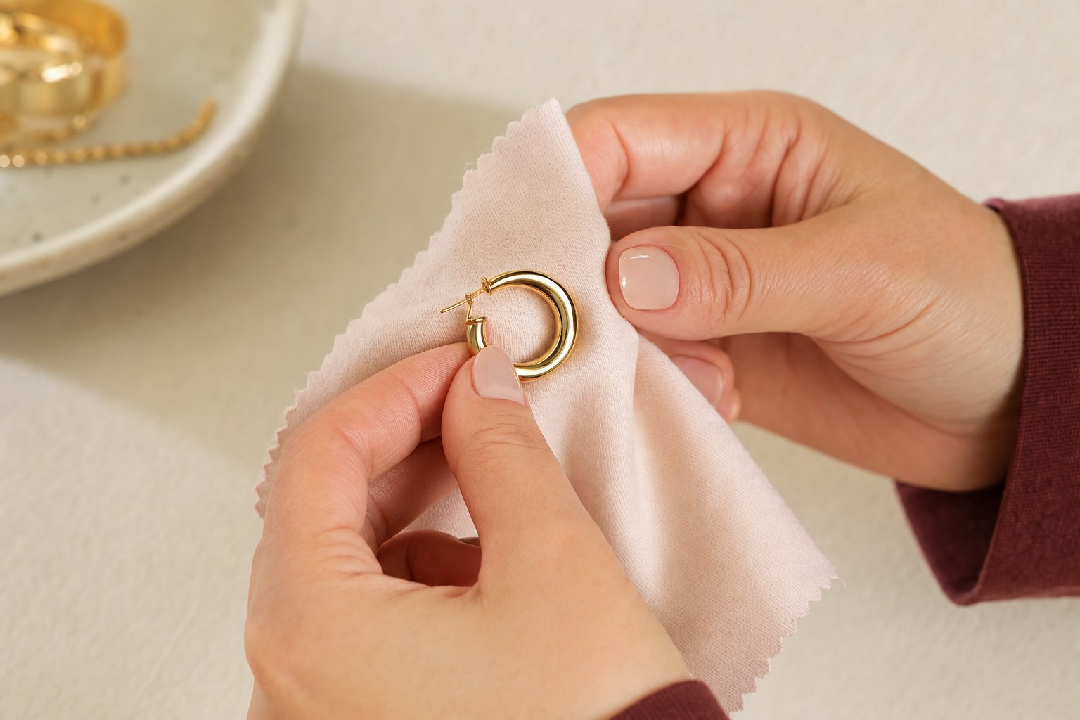 Hands gently polishing a gold-toned hoop earring with a soft cloth