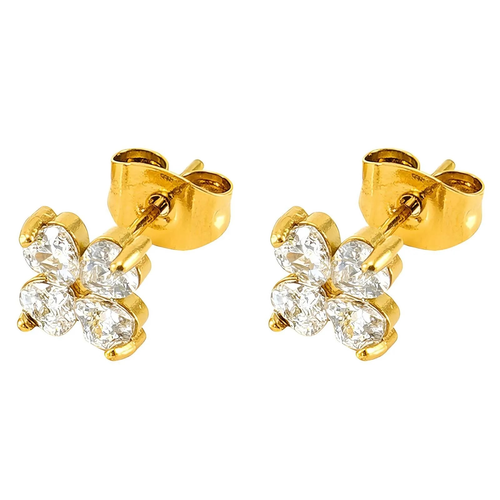 Pair of crystal butterfly earrings with gold-plated settings on a white background
