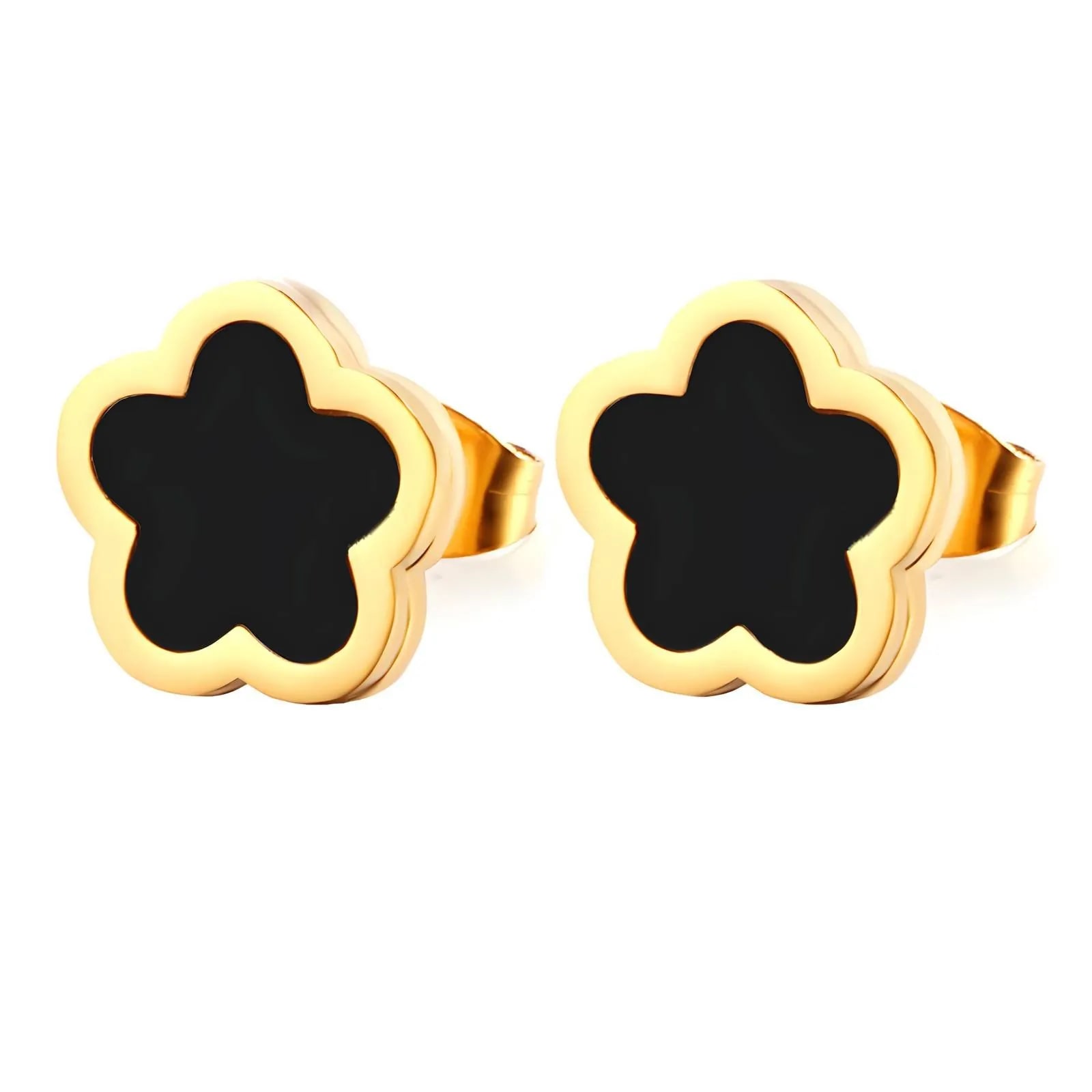 Pair of black and gold-plated flower stud earrings on a white background