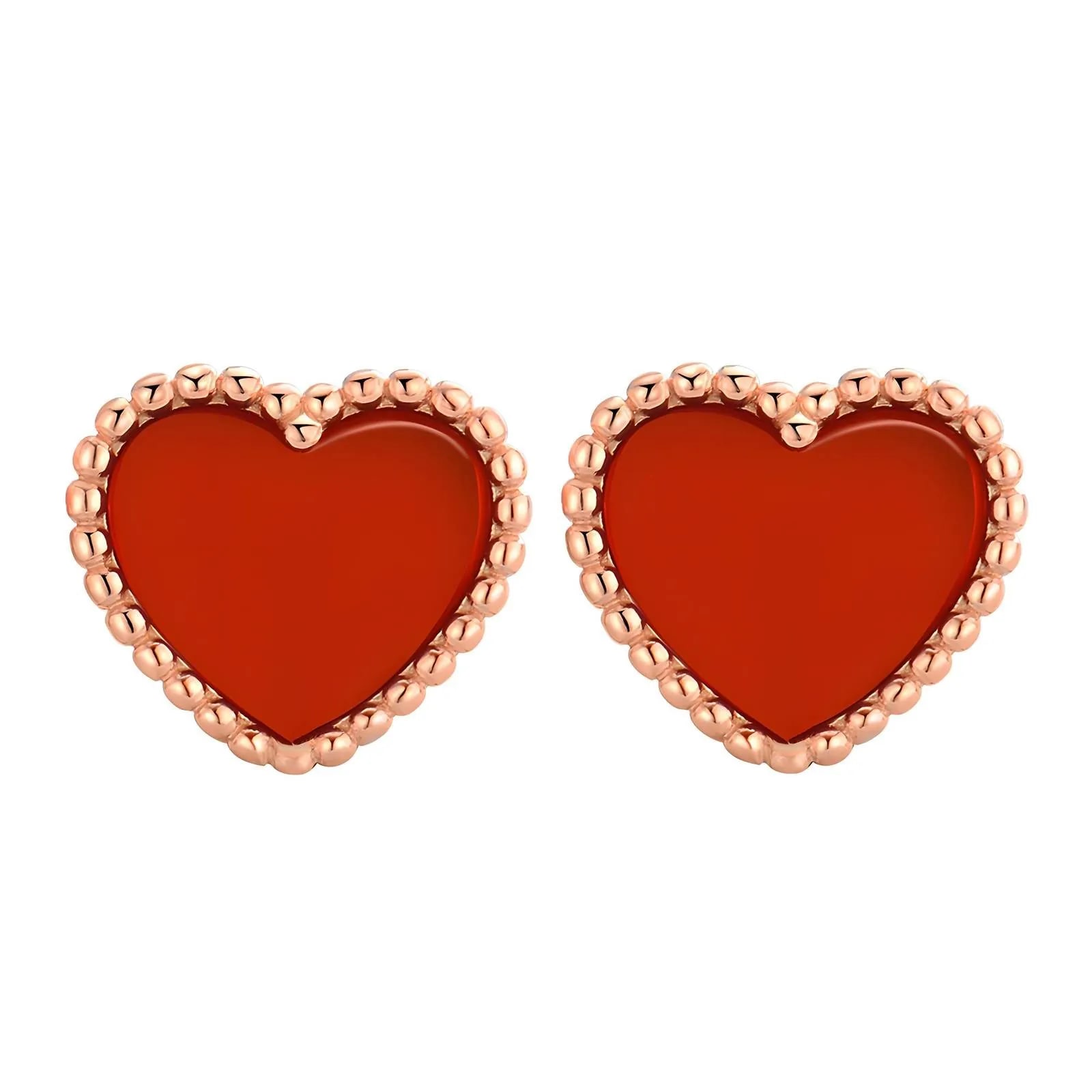 Pair of red heart earrings with a gold-plated beaded edge on a white background