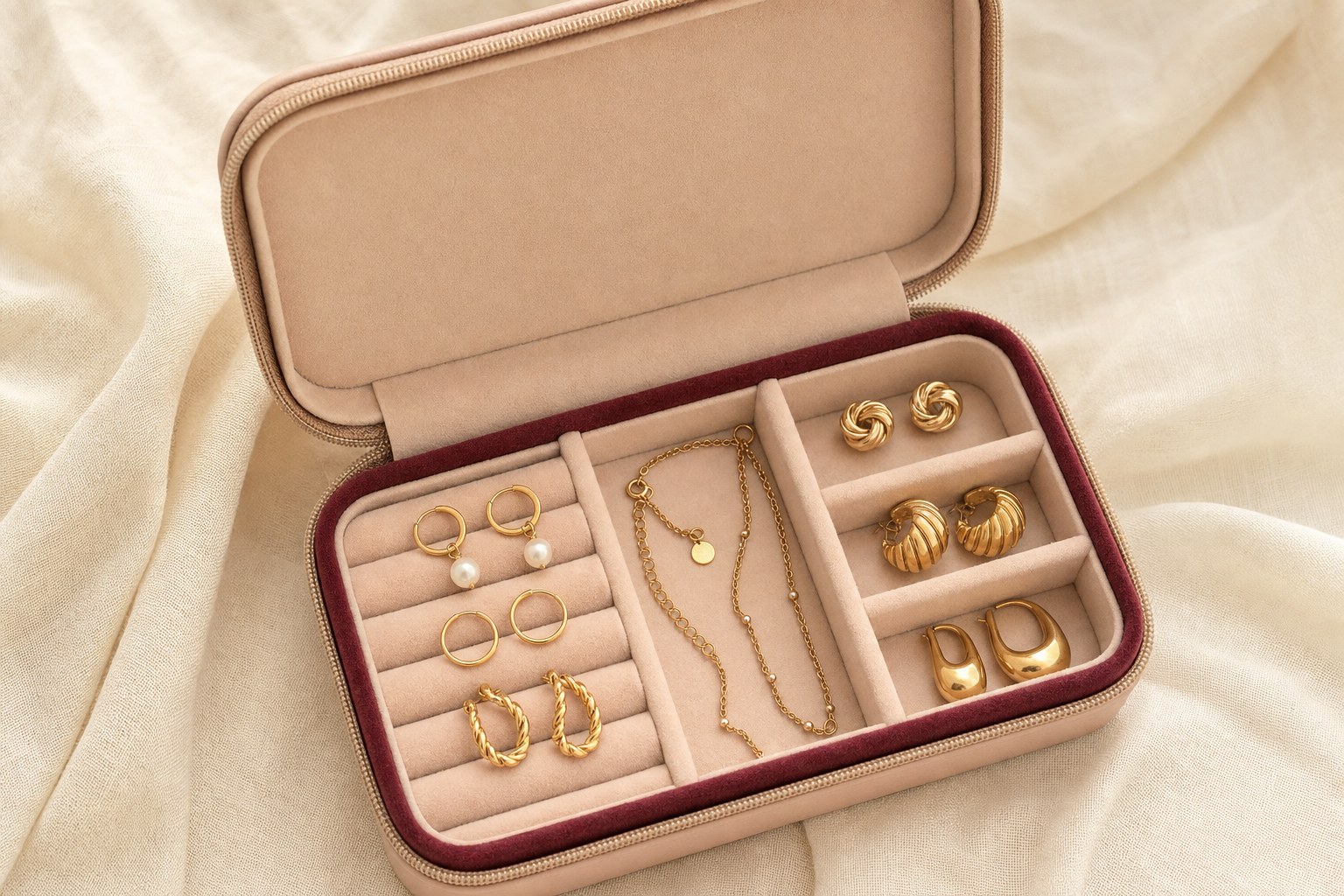 Gold-toned earrings and necklaces stored separately in a soft-lined jewelry case