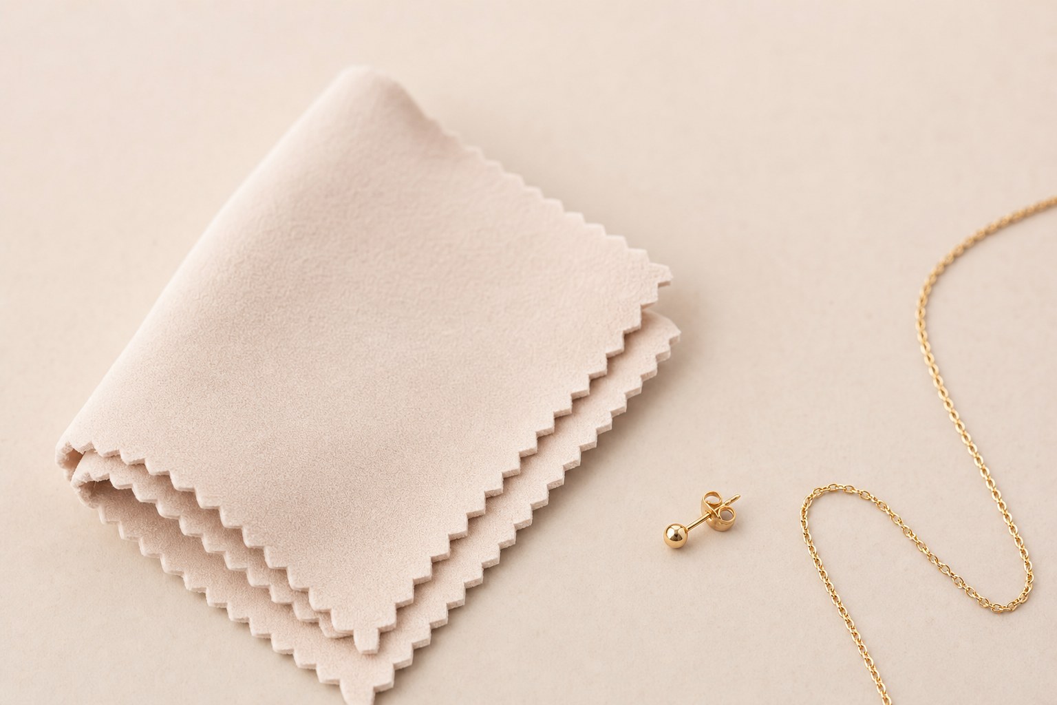 Soft jewelry cloth beside a delicate gold-toned chain and stud earring