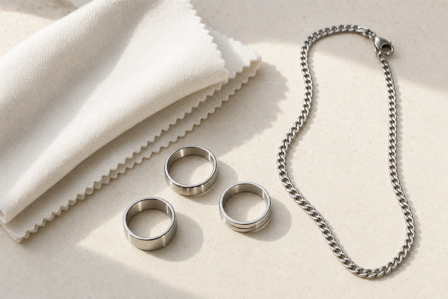 Plain stainless steel rings and chain beside a soft white jewelry cloth