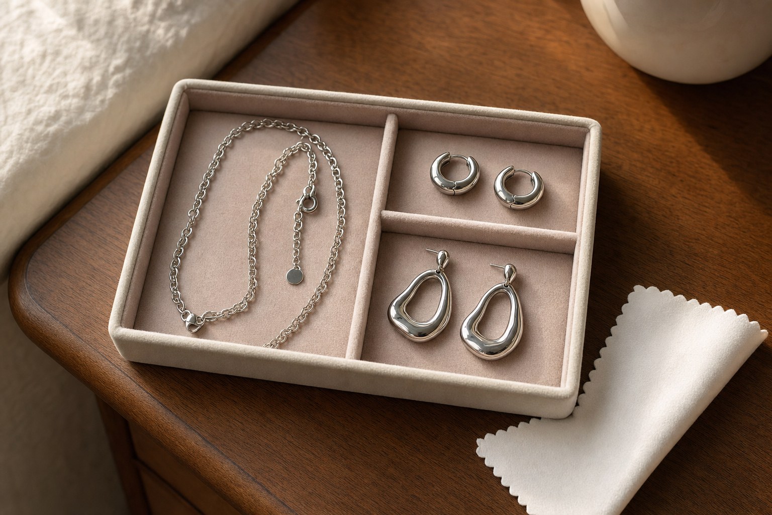 Stainless steel earrings and necklace stored separately in a soft jewelry tray