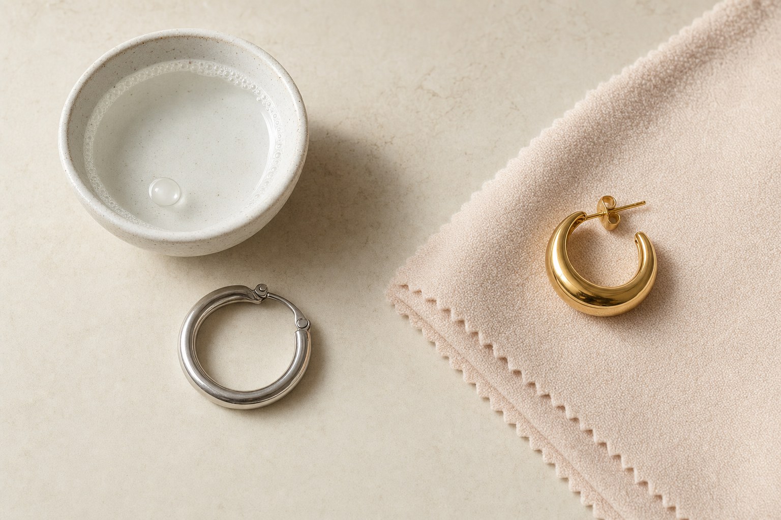 Plain stainless steel hoop and gold-plated hoop beside separate care supplies
