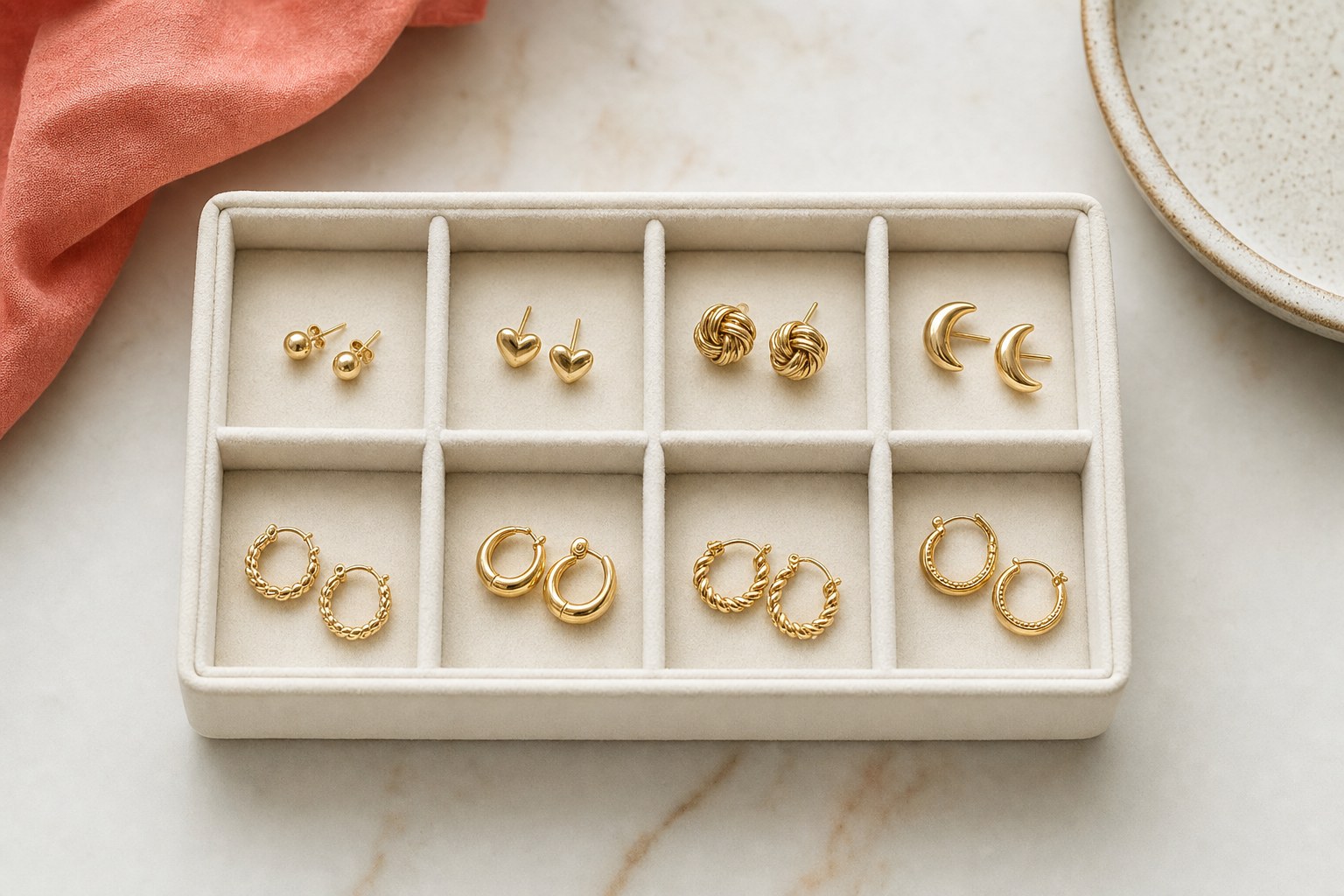 Pairs of gold-tone earrings stored separately in a soft divided tray