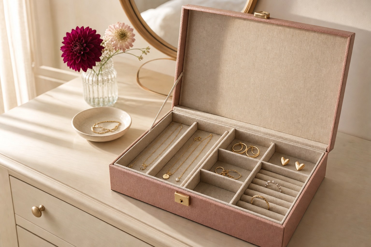 Open soft-lined jewelry box with separate spaces for necklaces, earrings, and rings
