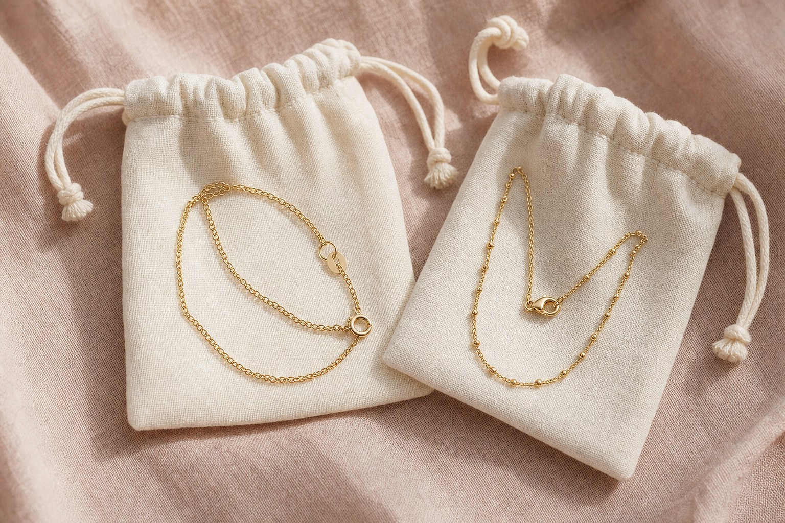 Two delicate gold-tone necklaces stored separately in soft drawstring pouches